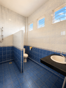 Blue-tiled bathroom with a toilet behind a partial wall, and a black countertop with a white sink visible on the right, plus three high windows.