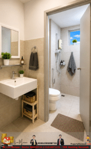 Small beige-tiled bathroom with a white rectangular sink, mirror, and shelf holding plants and soap; a gray towel hangs on a ring beside the sink; wooden shelf stores baskets below the sink. A doorway opens to a separate shower area with a toilet, light gray tiles, a window with a plant, and a gray towel hanging on the wall.