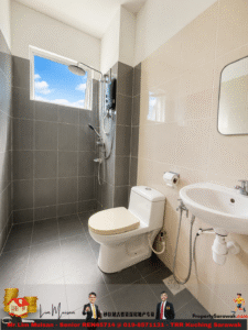 Modern bathroom with a toilet, sink, and walk-in shower under a small window showing blue sky.