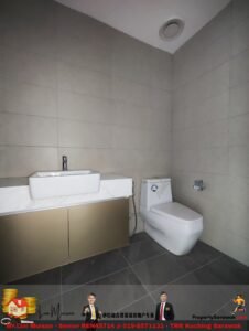 Modern bathroom interior with gray tiled walls, white vessel sink on a marble countertop, and a white toilet; dark floor tiles and a ceiling vent visible.