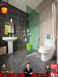 Modern bathroom with glass shower, pedestal sink, mirror, and toilet; property-for-sale watermark in corner.