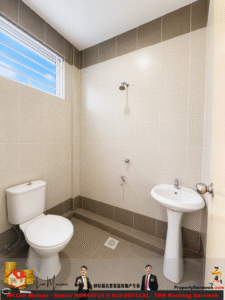 Small bathroom with toilet, pedestal sink, and a wall showerhead; beige tiles and a horizontal window with slats.
