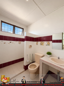 Bathroom with beige toilet and matching sink, white tiles with maroon border, a window, and a cartoon border along the wall.