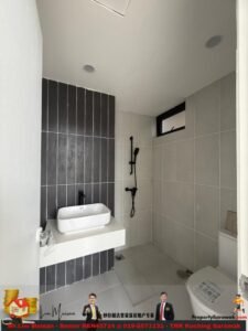Modern bathroom with a white vessel sink on a floating counter, dark vertical tile accent wall, and a black shower system.