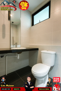 Modern bathroom: white tiled walls, black countertop with sink, wall mirror, frosted window, and a toilet; property listing graphics in corner.