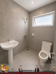 Small tiled bathroom with a pedestal sink, wall shower, and a closed toilet beneath a rectangular window.