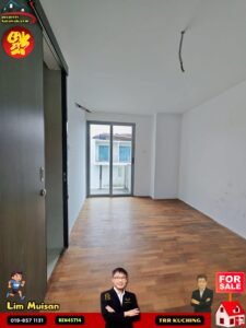 Empty, unfurnished room with white walls, wooden floors, and glass sliding doors to a balcony; ceiling wire hanging down celebre.