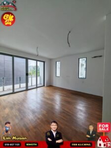 Empty living room with wooden floors and large glass doors to a balcony; ceiling wires hang where lights will be installed, bright natural light.