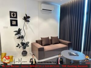 Modern living room with a brown sofa, two cushions, a tall potted plant, and a round coffee table.