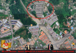 Aerial map showing a residential complex circled in red, with surrounding roads and greenery visible.
